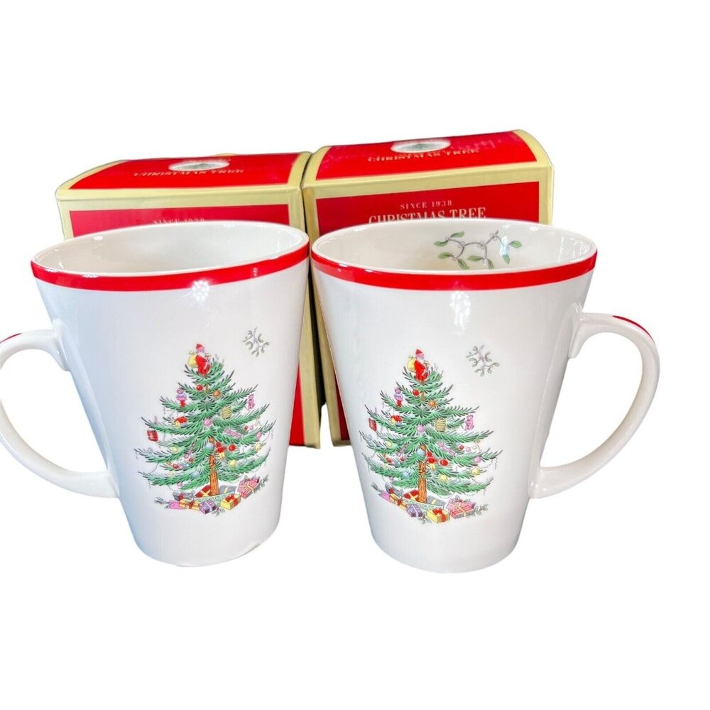 Spode Christmas Tree Red Trim Handle Mug 14 oz Holiday Original Box Lot of 2 NEW